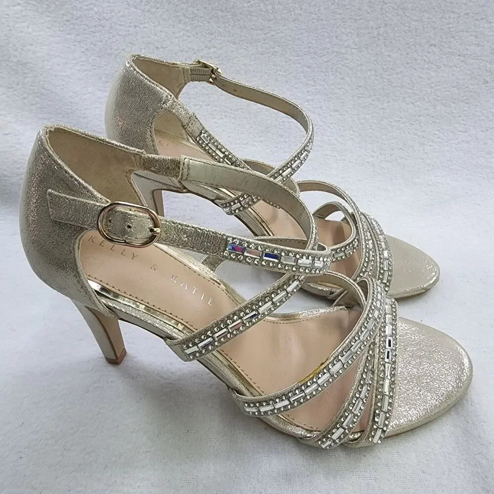 Kelly & Katie Shoes 6.5 High Heel Strappy Pumps BEIGE Gold Glass Night Out Sexy - Picture 5 of 11